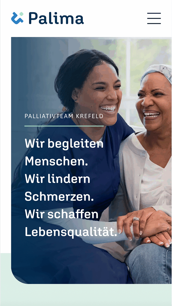 Mobiler Screen der Startseite von Palima Palliativteam Krefeld, gestaltet von der Agentur montagmorgens aus Krefeld