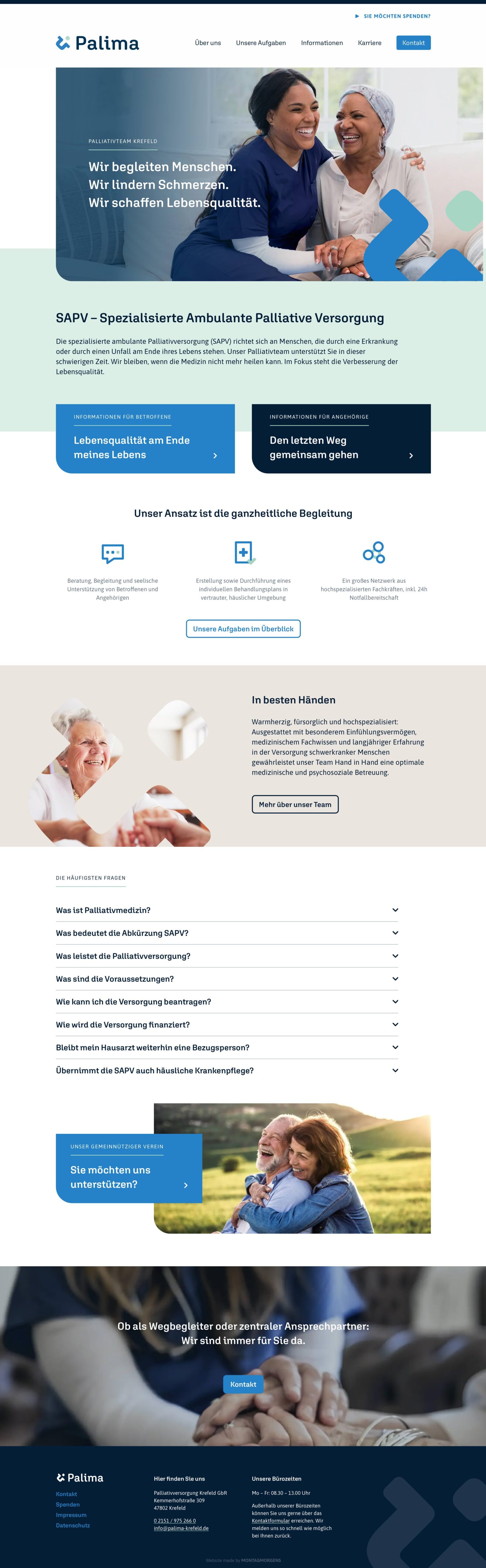 Desktop Screen der Startseite von Palima Palliativteam Krefeld, gestaltet von der Agentur montagmorgens aus Krefeld
