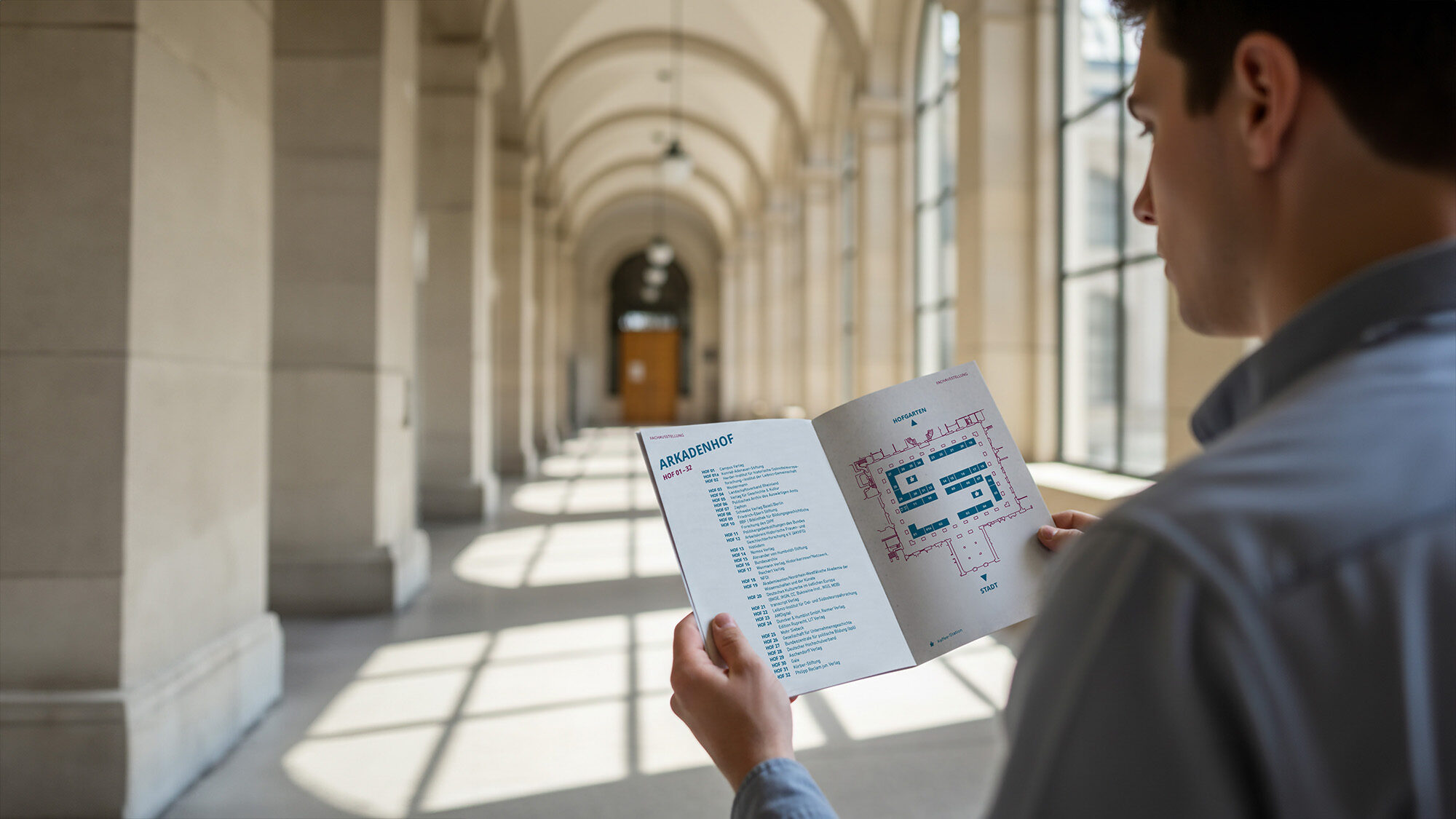 Mann mit Hemd steht in der Universität Bonn und hält Programmheft des 55. Historikertag in beiden Händen. Der Lageplan im Heft ist zu sehen.
