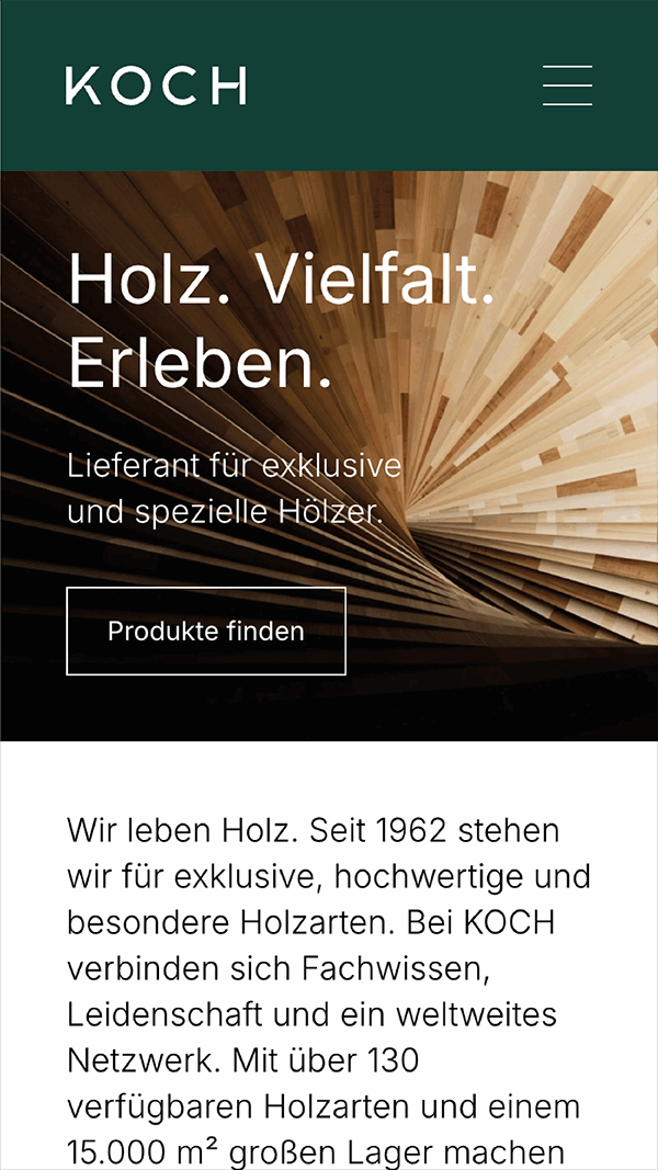 Mobile Version der Website von der Firma Koch aus Krefeld, gestaltet von der Agentur Montagmorgens